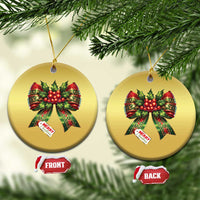 Gold circular Christmas bow ornaments, showing front and back hanging views with tags