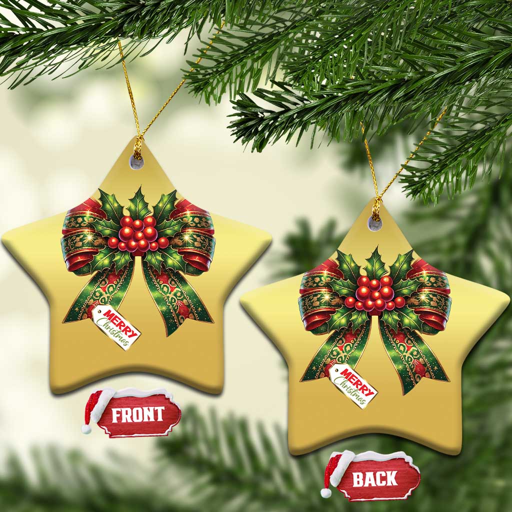 Gold star-shaped Christmas bow ornaments with red holly ribbons and “Merry Christmas”