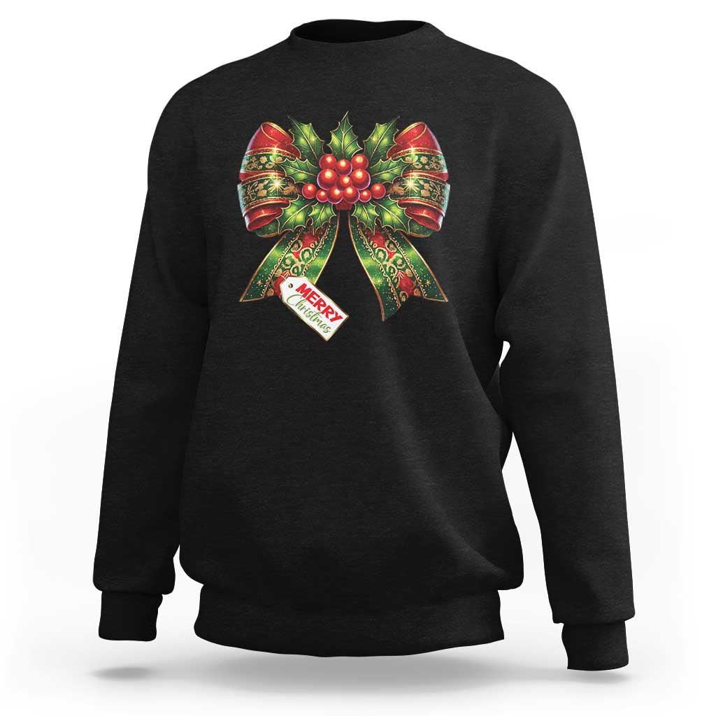 Black crewneck sweatshirt with colorful Christmas bow graphic and 'MERRY' text