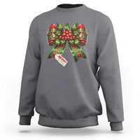 Charcoal gray crewneck sweatshirt with colorful Christmas bow graphic and 'MERRY' text