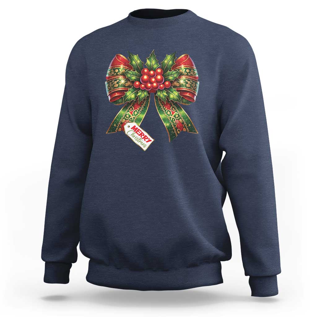 Navy crewneck sweatshirt with colorful Christmas bow graphic and 'MERRY' text
