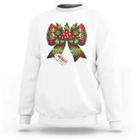 White crewneck sweatshirt with colorful Christmas bow graphic and 'MERRY' text