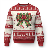 Red and cream Christmas sweater with large holiday bow graphic and tree fair isle pattern