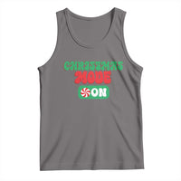 Dark gray sleeveless tank top with colorful “Christmas Mode On” graphic and candy icon