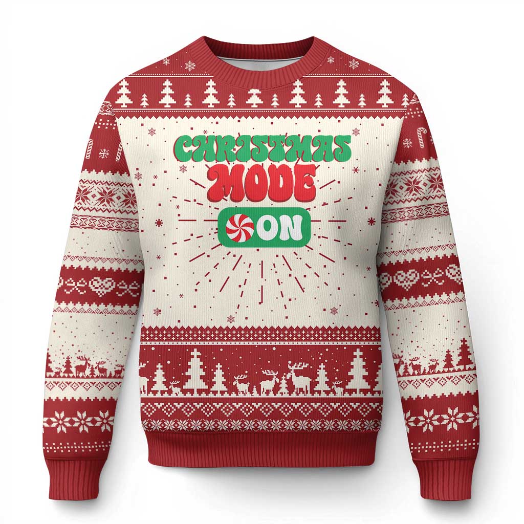 Red and cream Christmas ugly sweater with “Christmas mode on” graphic and fair isle pattern
