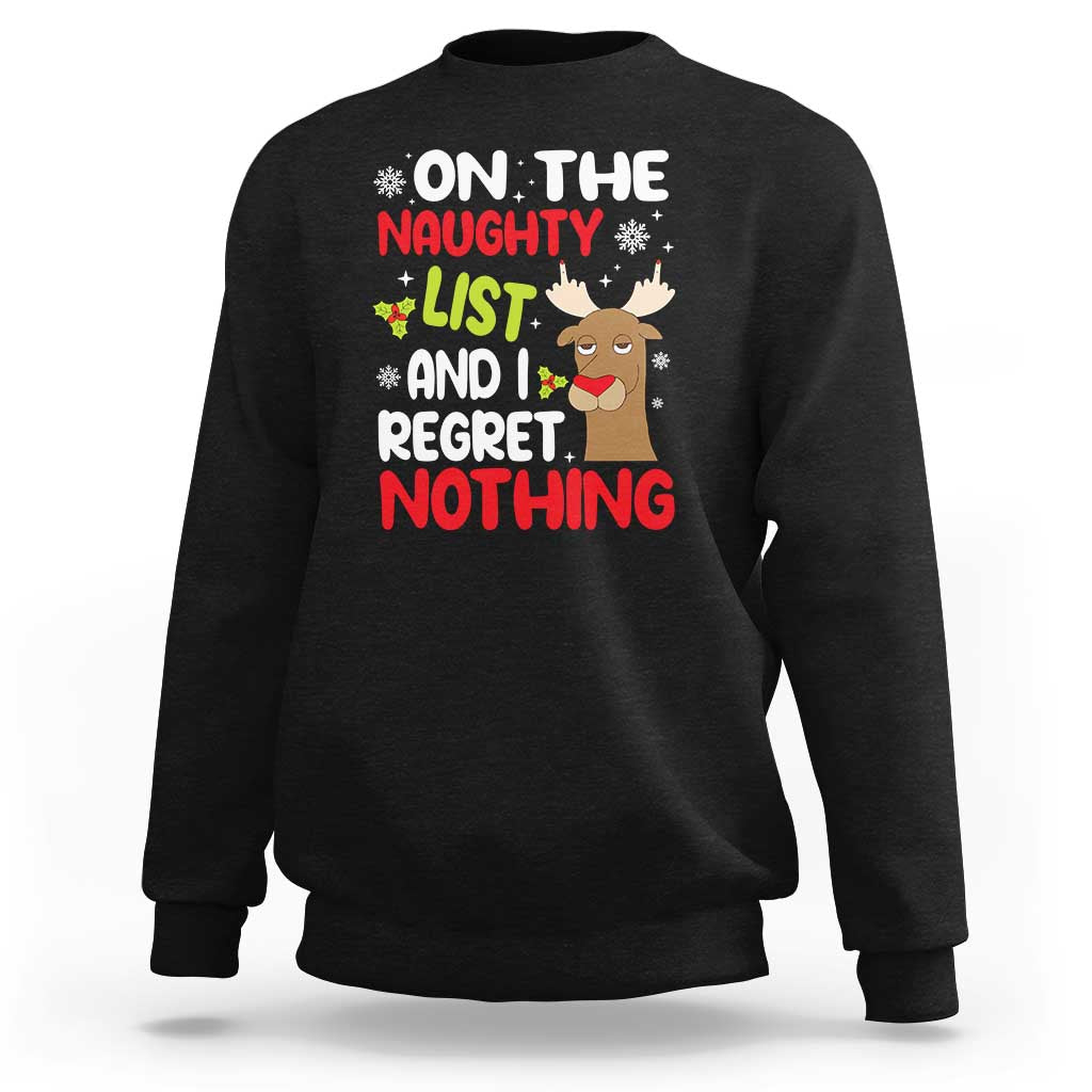 Black Christmas sweatshirt with 'naughty list' text and reindeer graphic