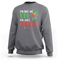 Gray crewneck sweatshirt with elf graphic and text "I'm not an elf, I'm just short"