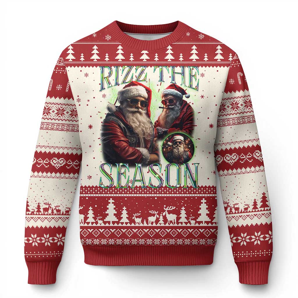 Red and white festive ugly Christmas sweater with Santa-themed graphic and tree pattern