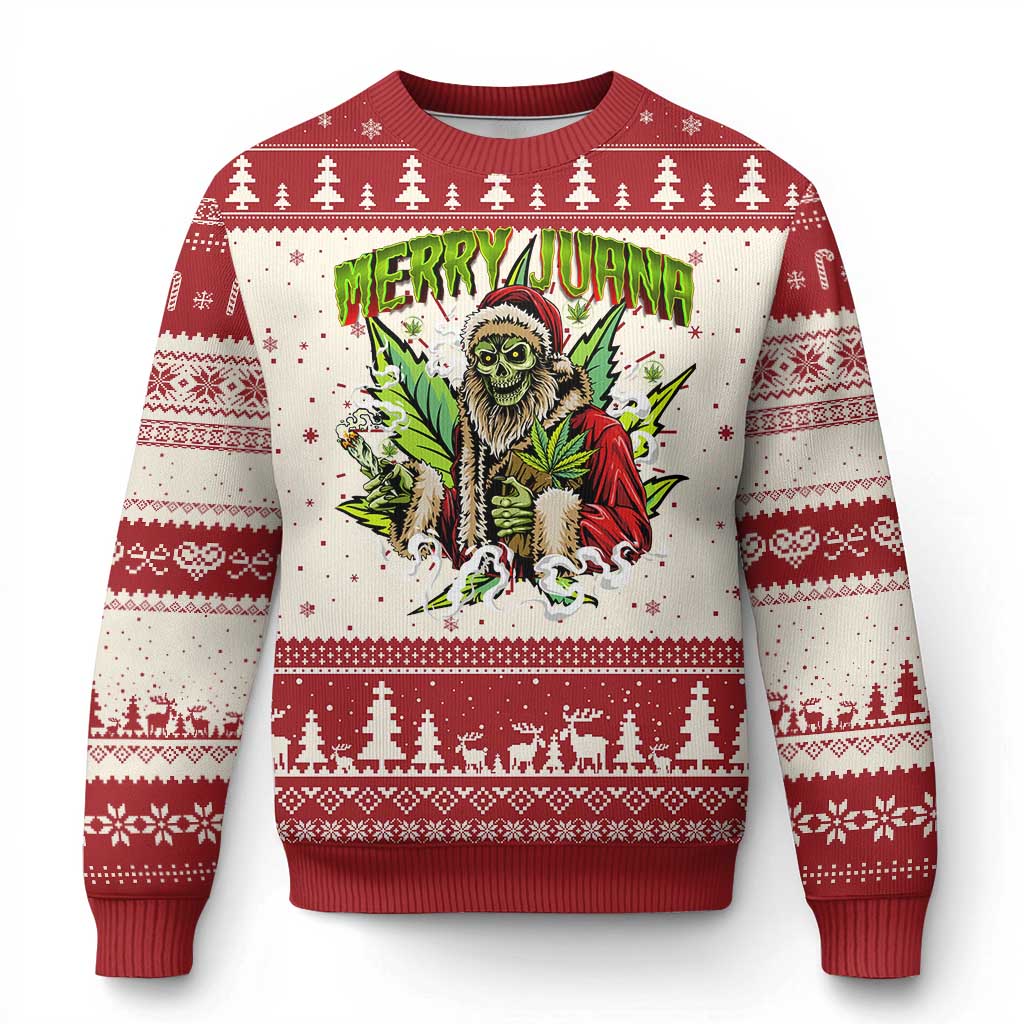 Red and cream Christmas sweater with green skeleton graphic and holiday knit patterns