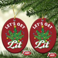 Red oval ornaments with 'Let's Get Lit' cannabis tree graphic, hanging