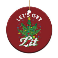 Red round Christmas ornament with 'Let's Get Lit' cannabis tree graphic