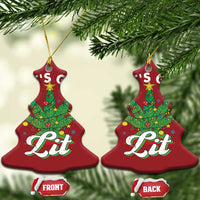 Red Christmas tree-shaped ornament with 'Let's Get Lit' cannabis tree graphic