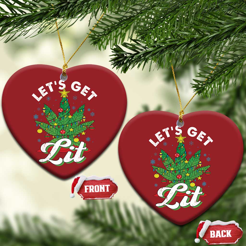 Red heart-shaped ornament with 'Let's Get Lit' cannabis tree graphic
