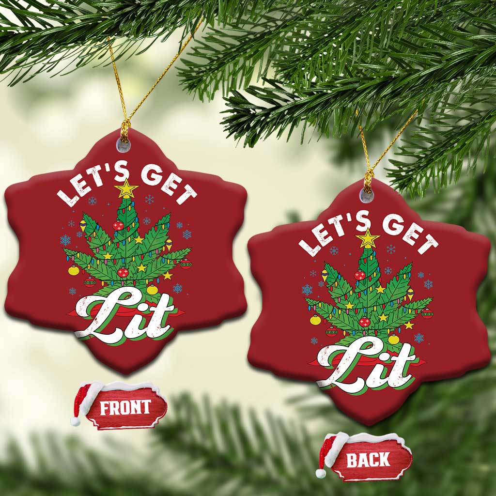 Red oval-shaped ornament with 'Let's Get Lit' cannabis tree graphic