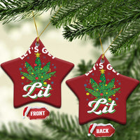 Red star-shaped ornament with 'Let's Get Lit' cannabis tree graphic