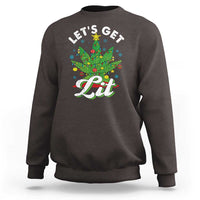 Dark brown crewneck sweatshirt with “Let’s Get Lit” cannabis Christmas tree graphic