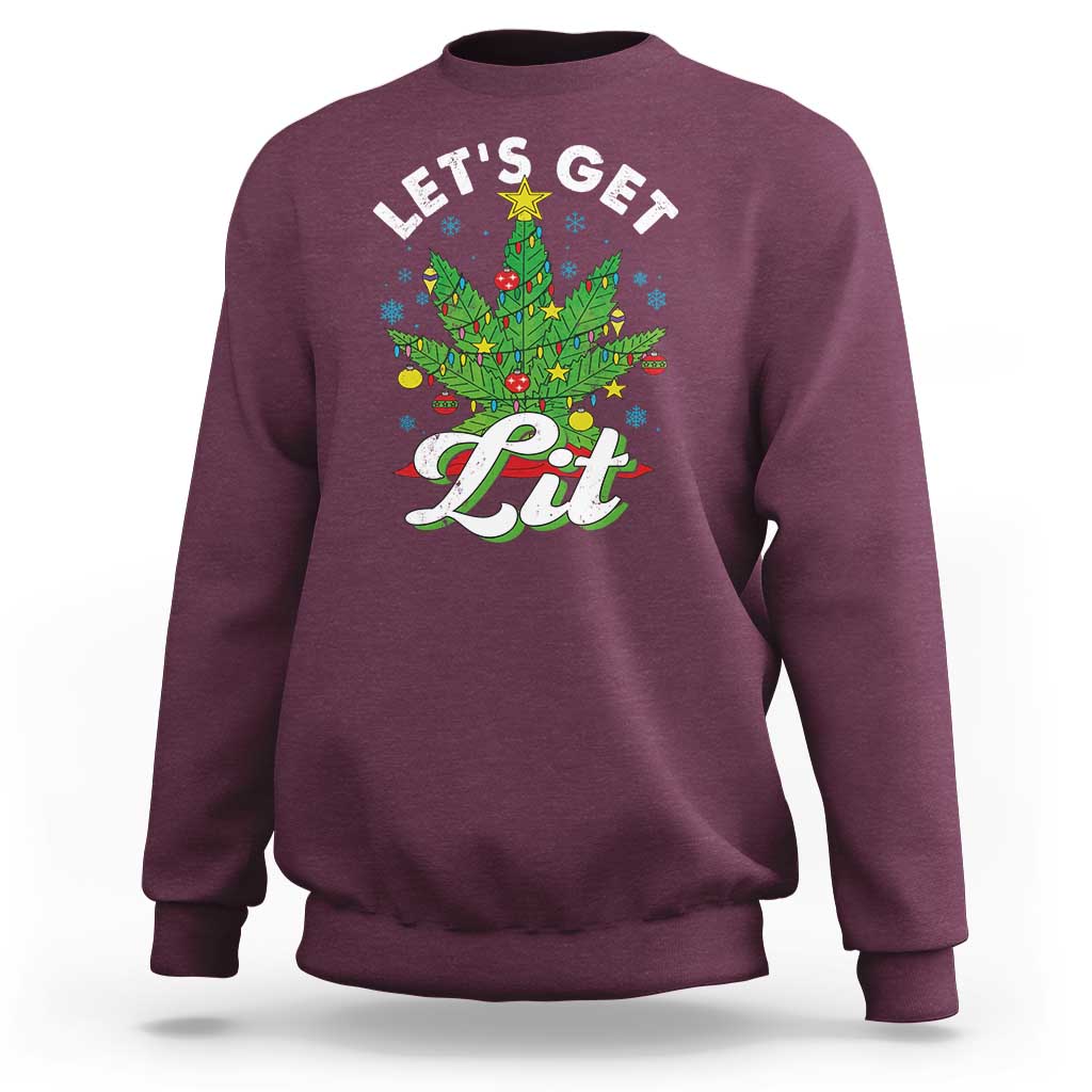 Maroon crewneck sweatshirt with “Let’s Get Lit” cannabis Christmas tree graphic