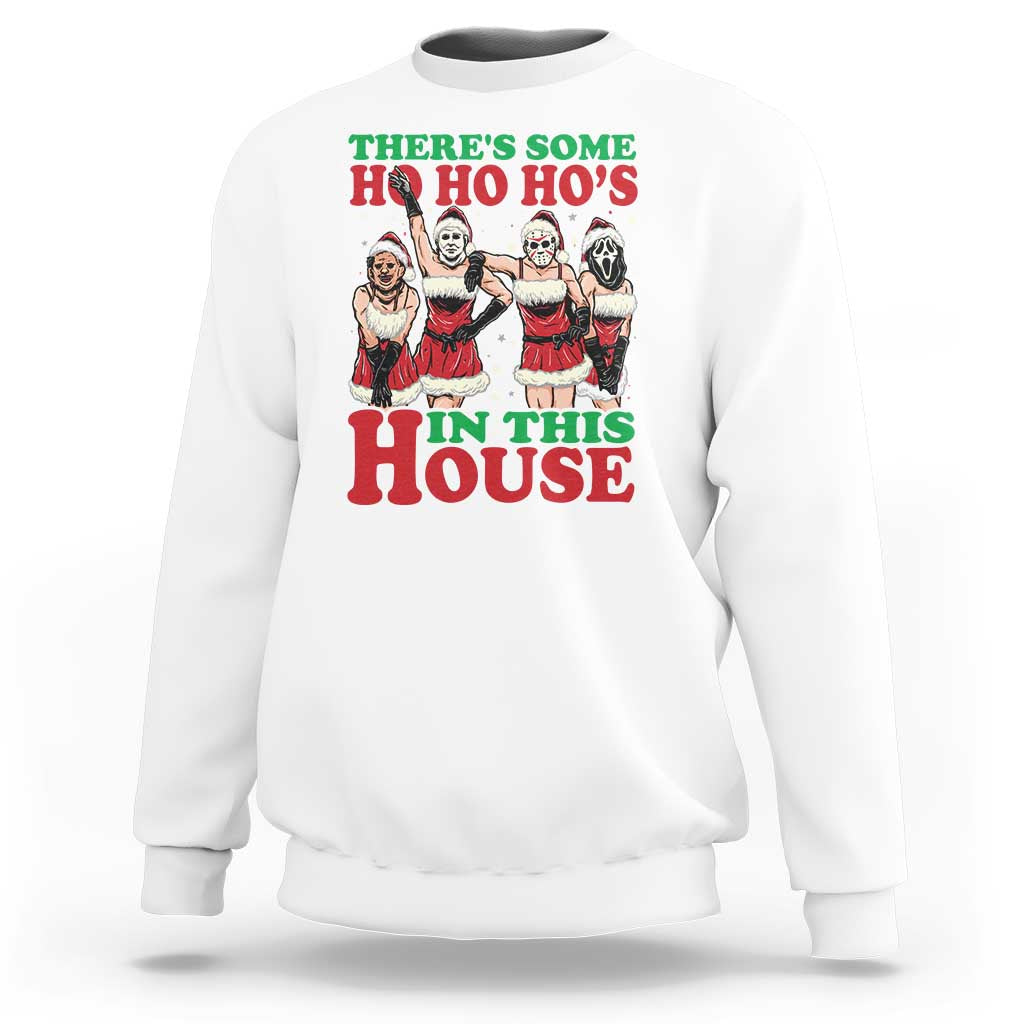 White Christmas sweatshirt with cartoon Ho Ho Ho's and 'In This House' graphic