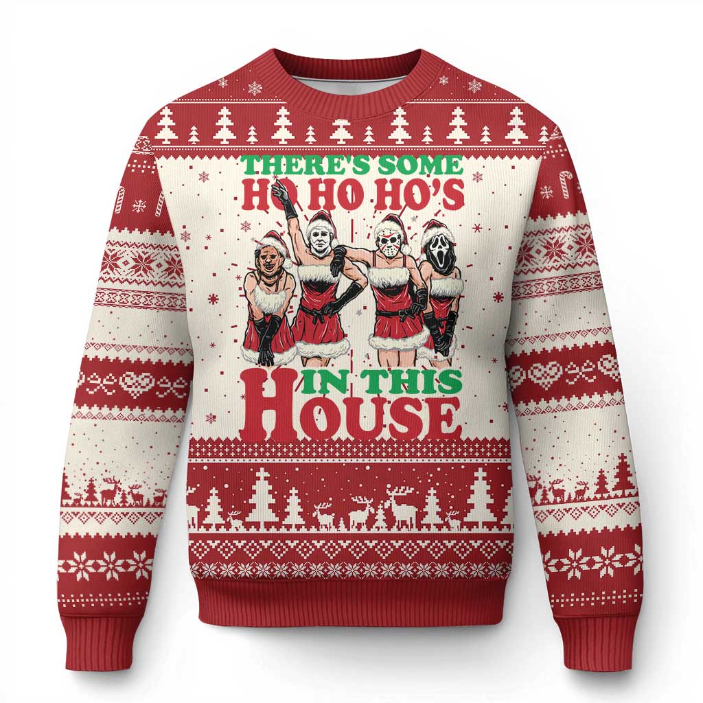 Red and cream Christmas ugly sweater with festive tree border and dancing ho ho ho graphic