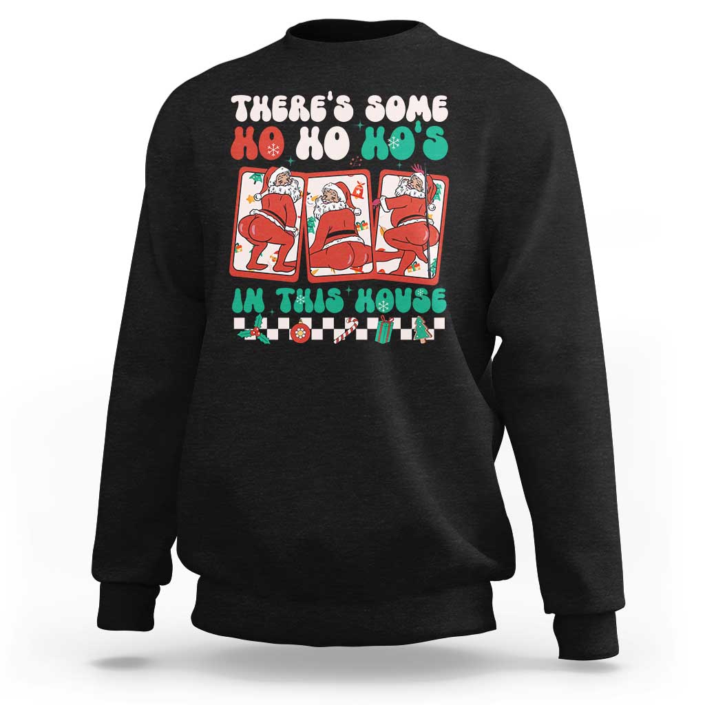 Black crewneck sweatshirt with holiday graphic 'Ho Ho Ho's' and characters on back.