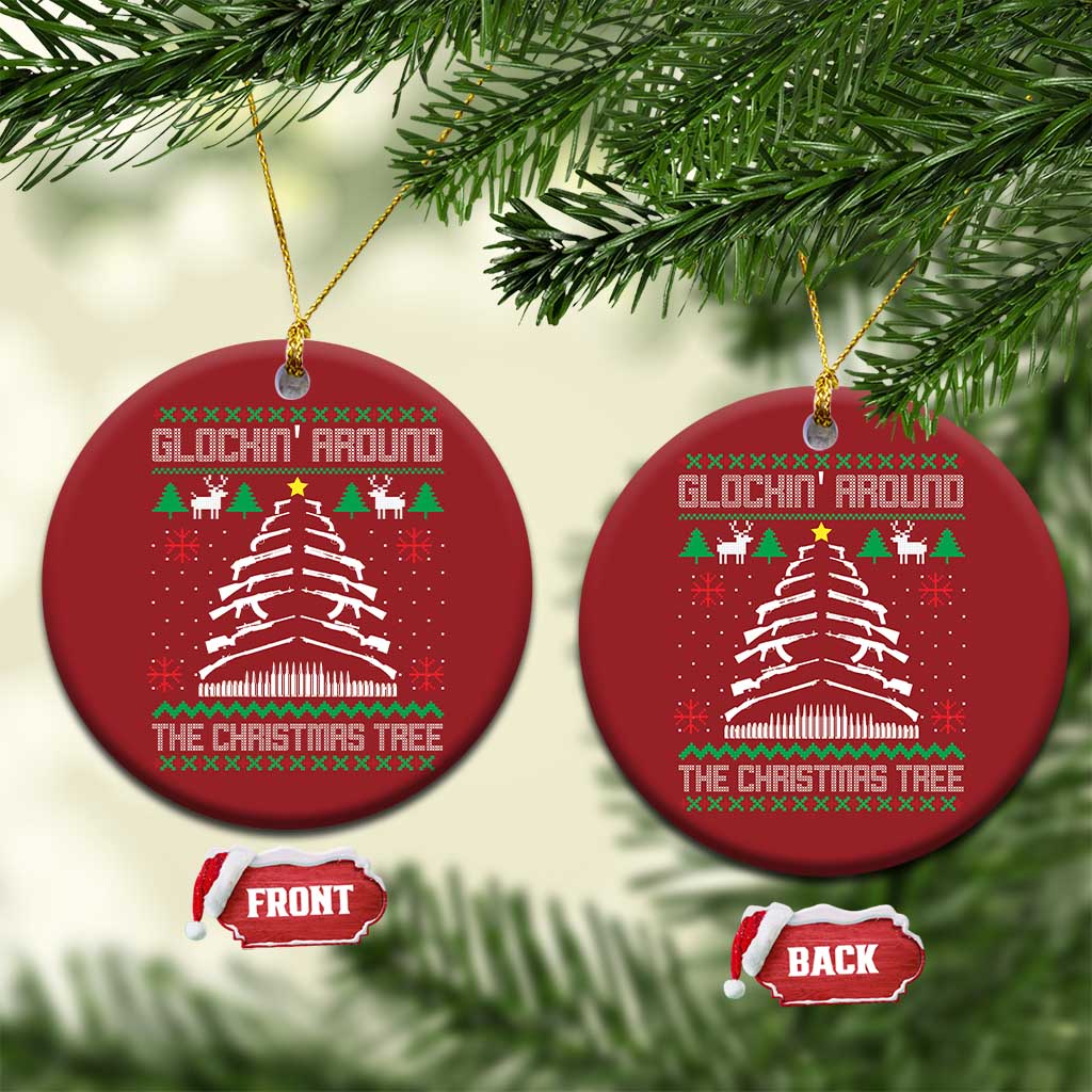 Set of red round Christmas ornaments with hanging gold loops and Christmas tree design