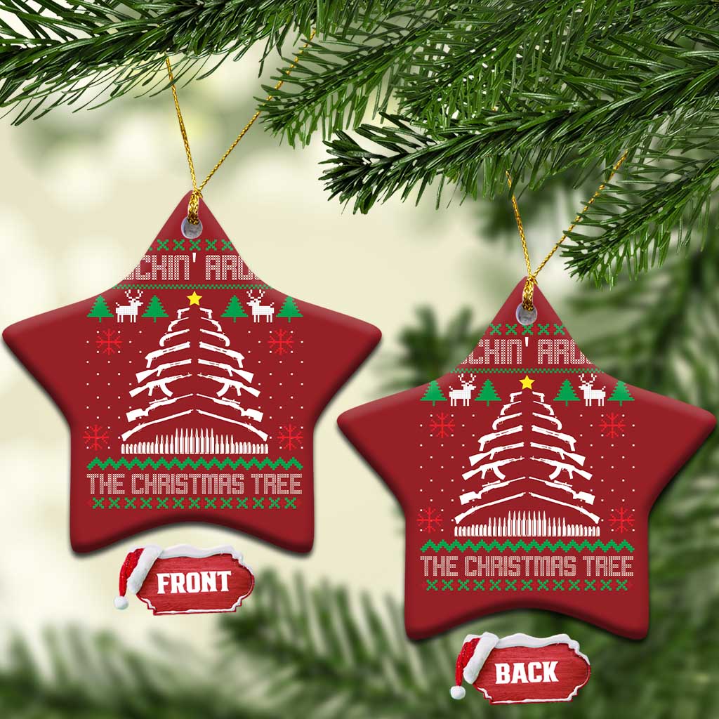 Set of red star-shaped Christmas ornaments with hanging gold loops and tree graphic