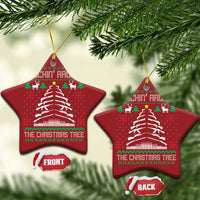 Set of red star-shaped Christmas ornaments with hanging gold loops and tree graphic