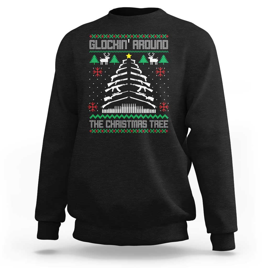 Black crewneck sweatshirt with Christmas tree graphic and holiday text print