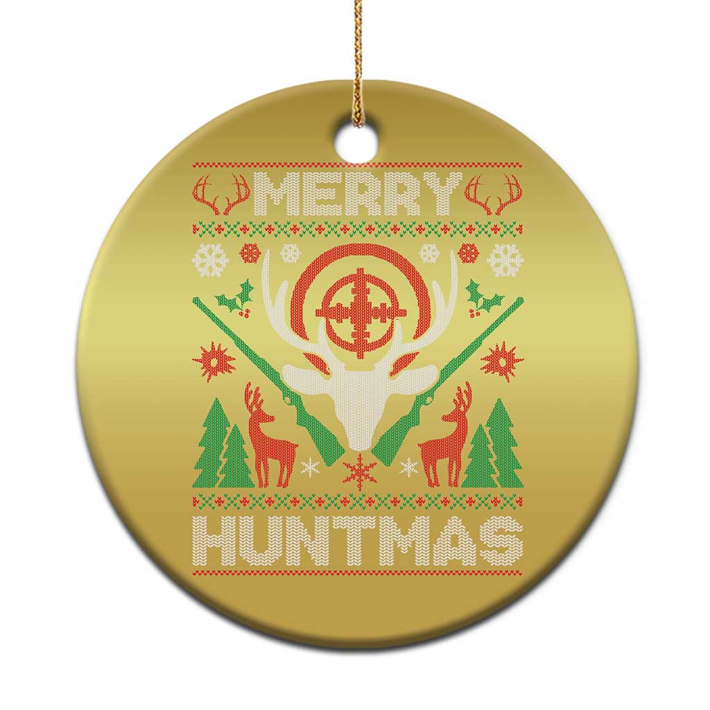 Gold round Christmas ornament with 'Merry Huntmas' hunter graphic and deer silhouettes.