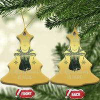 Gold Christmas tree-shaped deer ornaments with “OH DEER” and “Christmas is here” text
