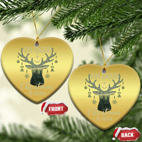 Gold heart-shaped deer Christmas ornaments with “OH DEER” and “Christmas is here” text