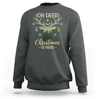 Dark heather crewneck sweatshirt with “OH DEER” antler graphic and “Christmas is Here” print