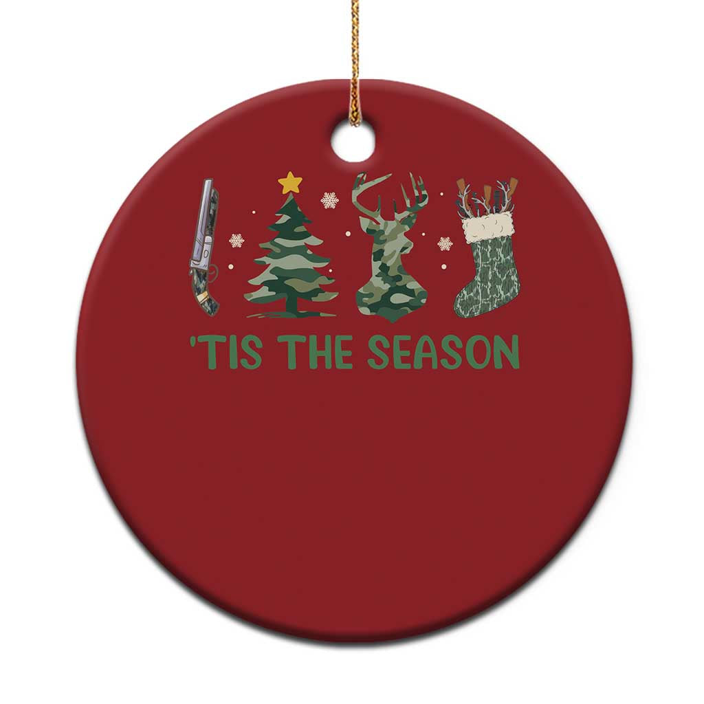 Red round hunting-themed Christmas ornament with “TIS THE SEASON” and deer graphic