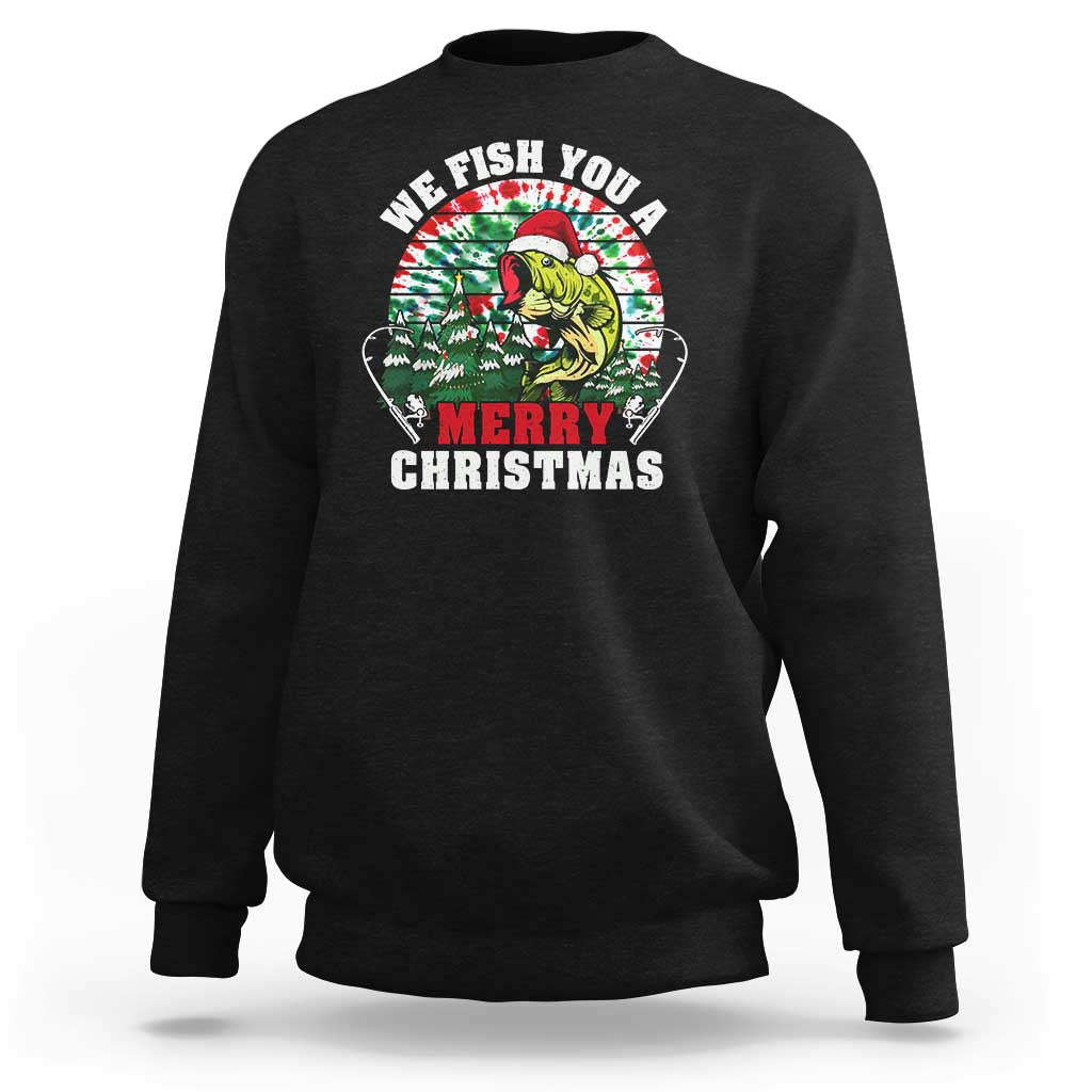 Christmas fishing sweatshirt in black with circular “Merry Christmas” fish graphic