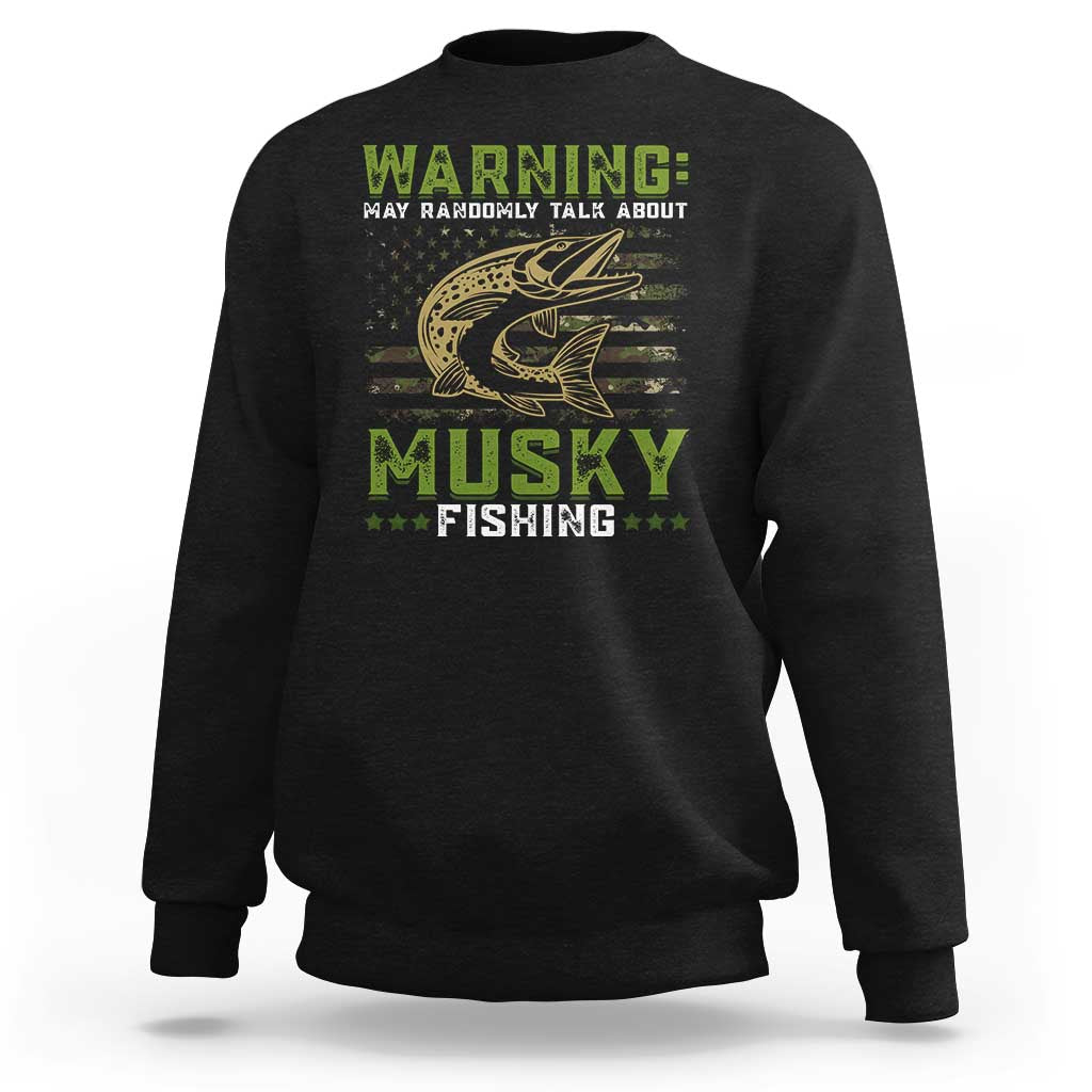 Black crewneck sweatshirt with green "Warning" musky fishing graphic and fish