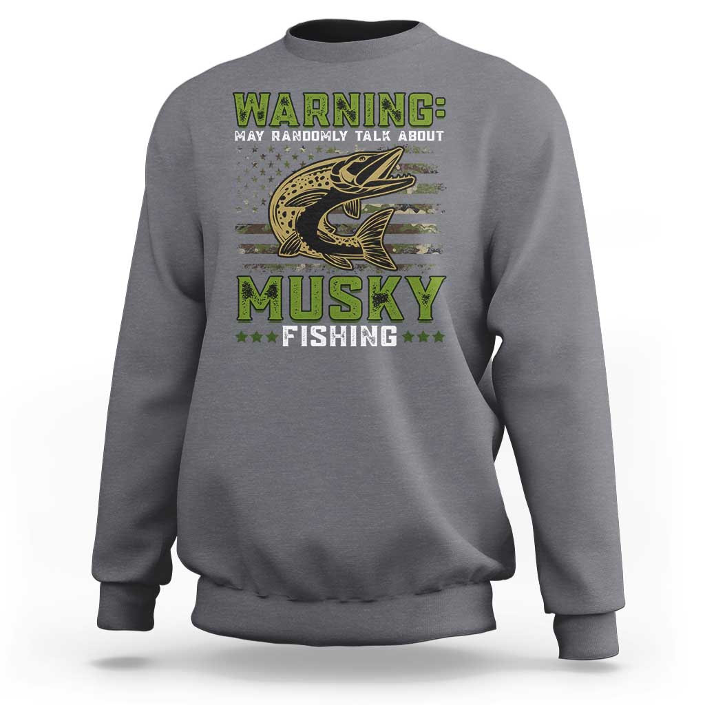 Charcoal gray crewneck sweatshirt with green "Warning" musky fishing graphic and fish