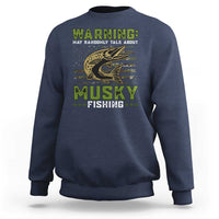 Navy crewneck sweatshirt with green "Warning" musky fishing graphic and fish