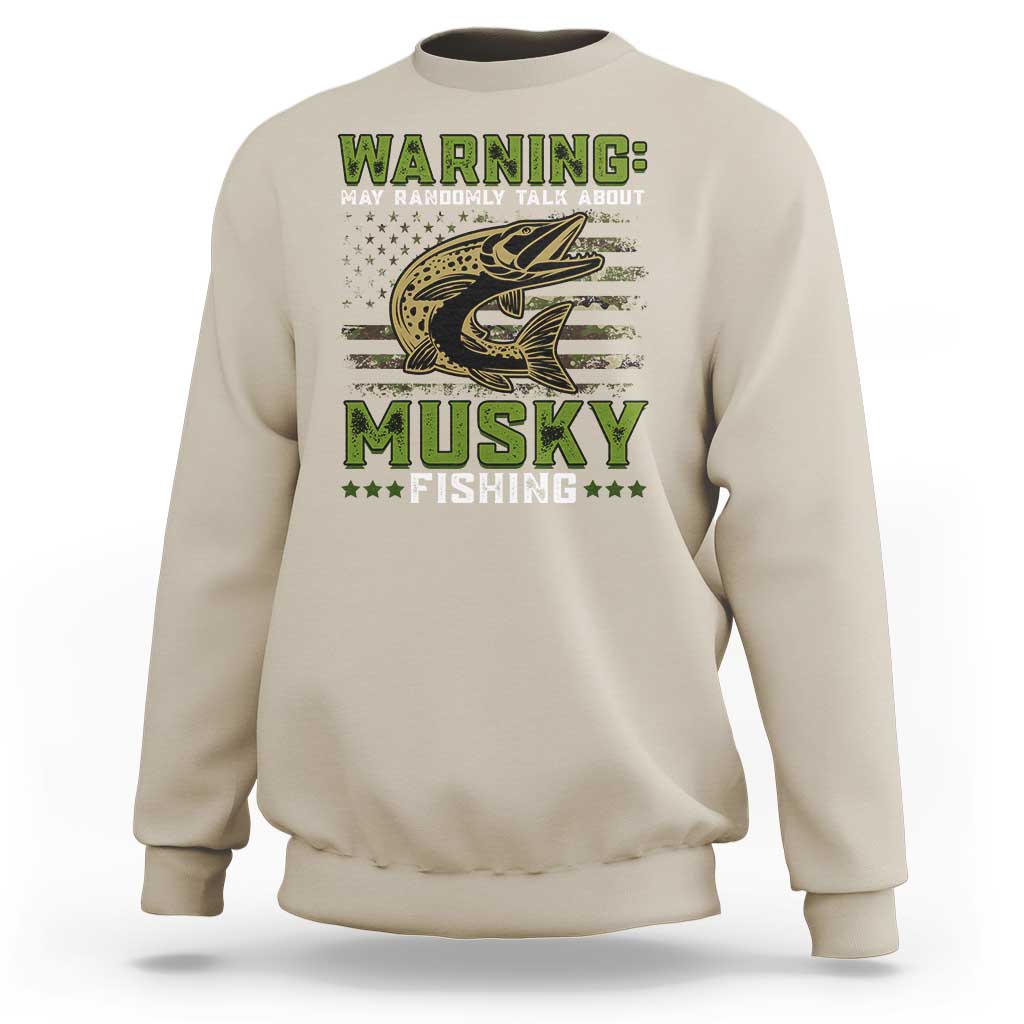 Sand color crewneck sweatshirt with green "Warning" musky fishing graphic and fish