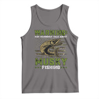 Gray tank top with Warning and Musky Fishing graphic print