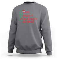 Charcoal Christmas sweatshirt with NICE/NAUGHTY/INSUFFICIENT EVIDENCE checklist