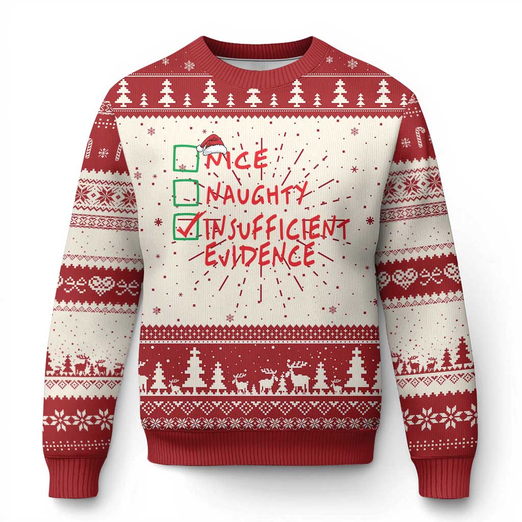 Red and white Christmas sweater with tree fair isle pattern and “Nice Naughty” graphic