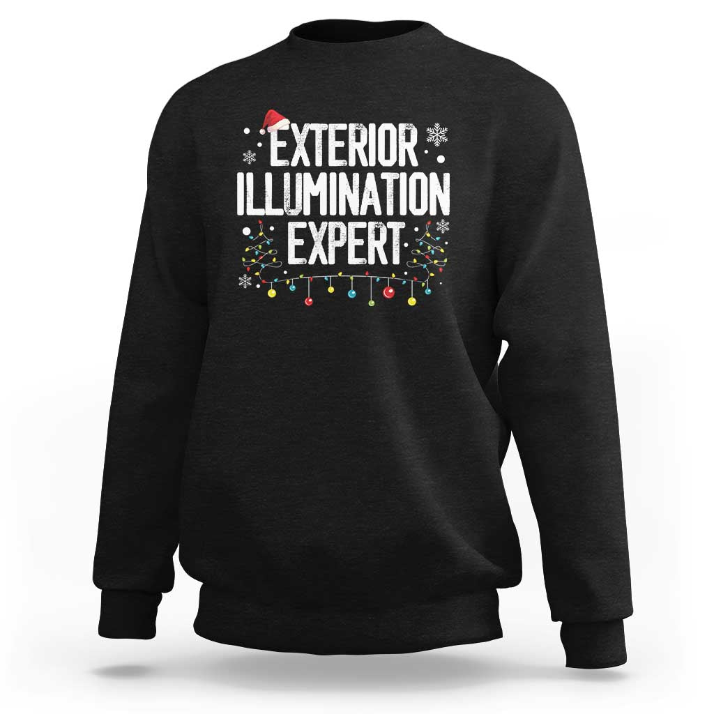 Black Christmas sweatshirt with “Exterior Illumination Expert” holiday lights graphic