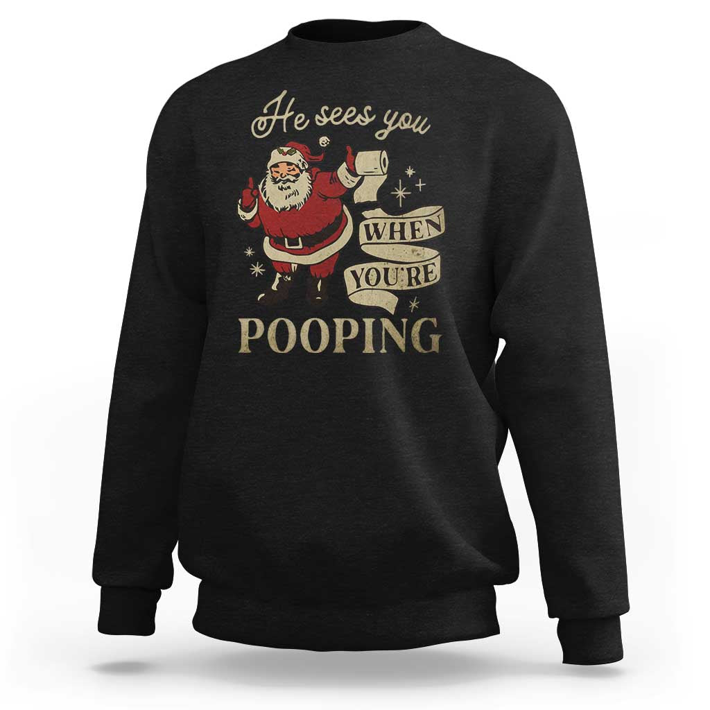 Black Christmas sweatshirt, cartoon Santa with toilet humor graphic, crewneck.