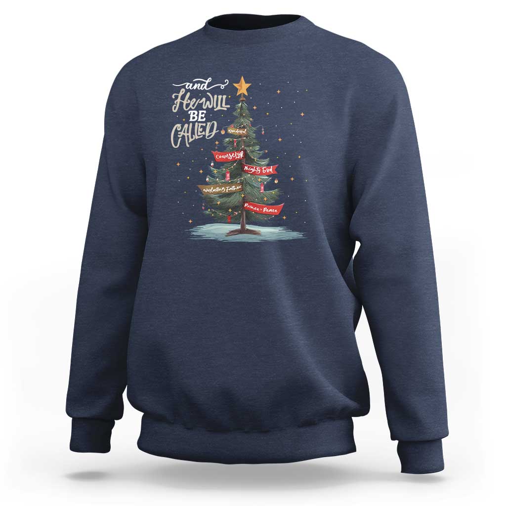 Navy Christmas sweatshirt with tree graphic and 'Wonderful Counselor' quote