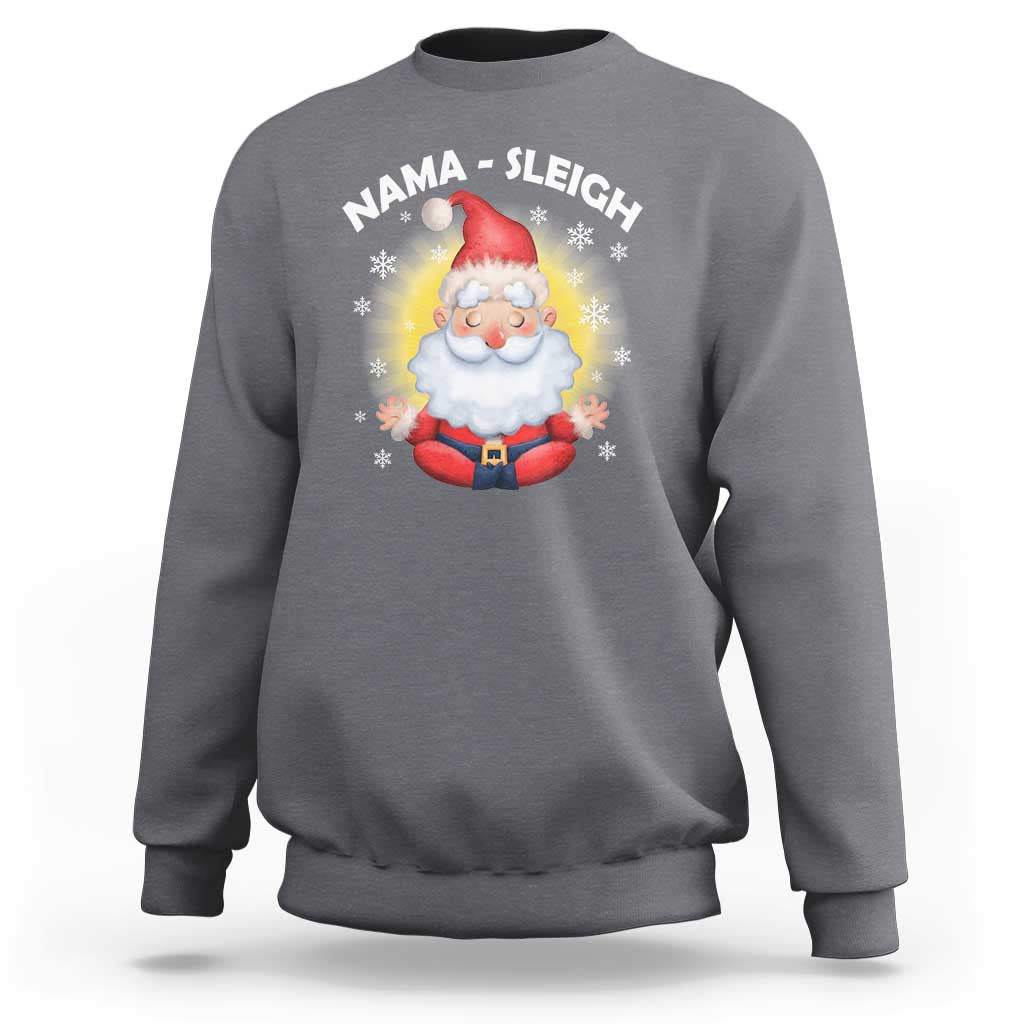 Charcoal gray crewneck sweatshirt with Santa graphic and 'NAMA-SLEIGH' print