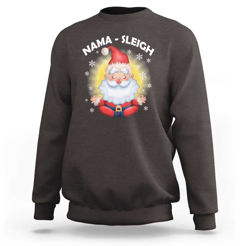 Dark chocolate crewneck sweatshirt with Santa graphic and 'NAMA-SLEIGH' print