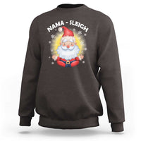 Dark chocolate crewneck sweatshirt with Santa graphic and 'NAMA-SLEIGH' print
