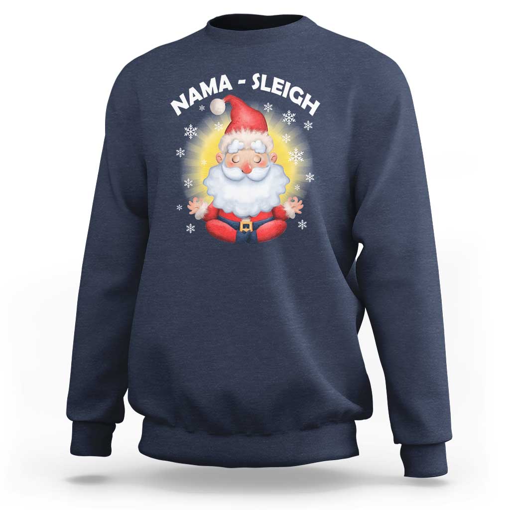 Navy crewneck sweatshirt with Santa graphic and 'NAMA-SLEIGH' print