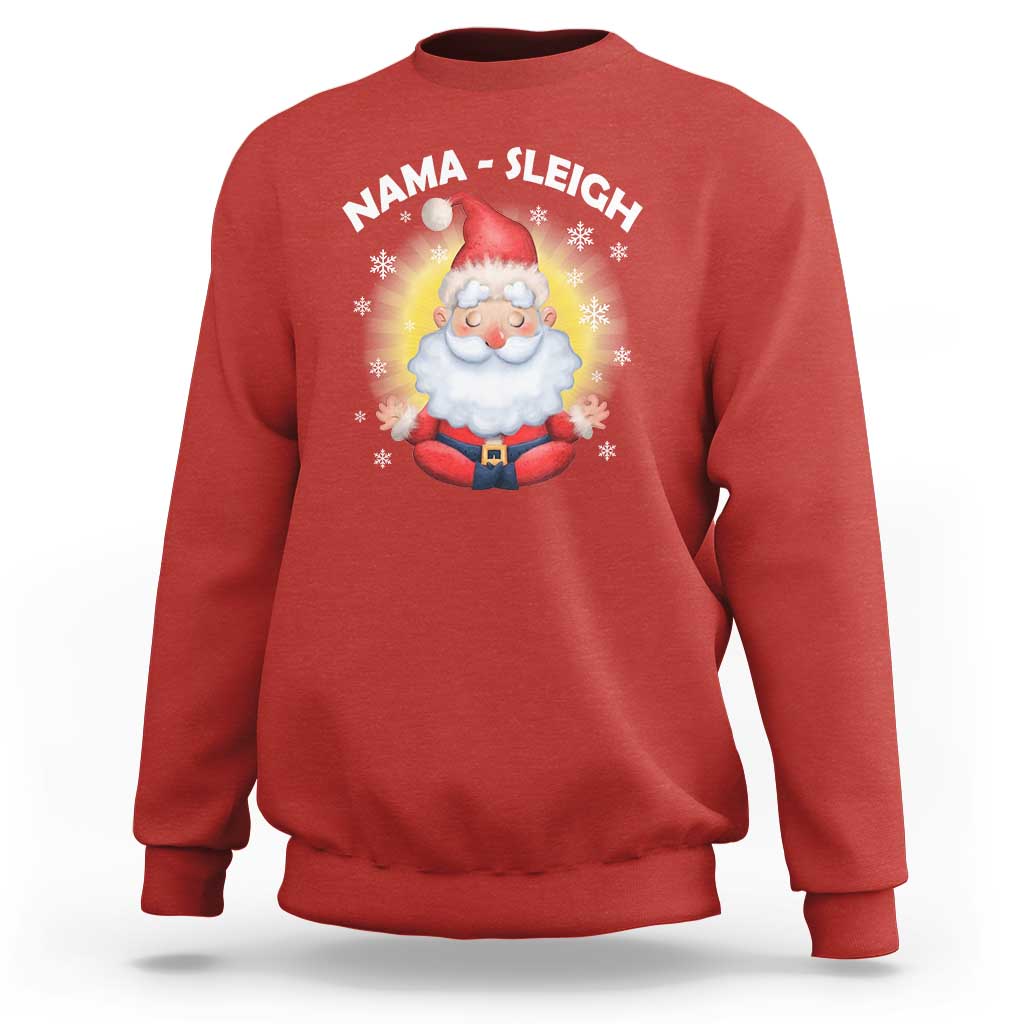Red crewneck sweatshirt with Santa graphic and 'NAMA-SLEIGH' print