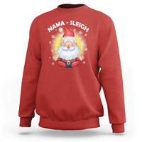 Red crewneck sweatshirt with Santa graphic and 'NAMA-SLEIGH' print